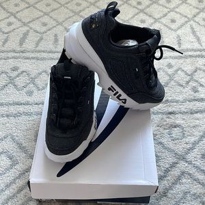 Black denim Fila sneakers (worn once)